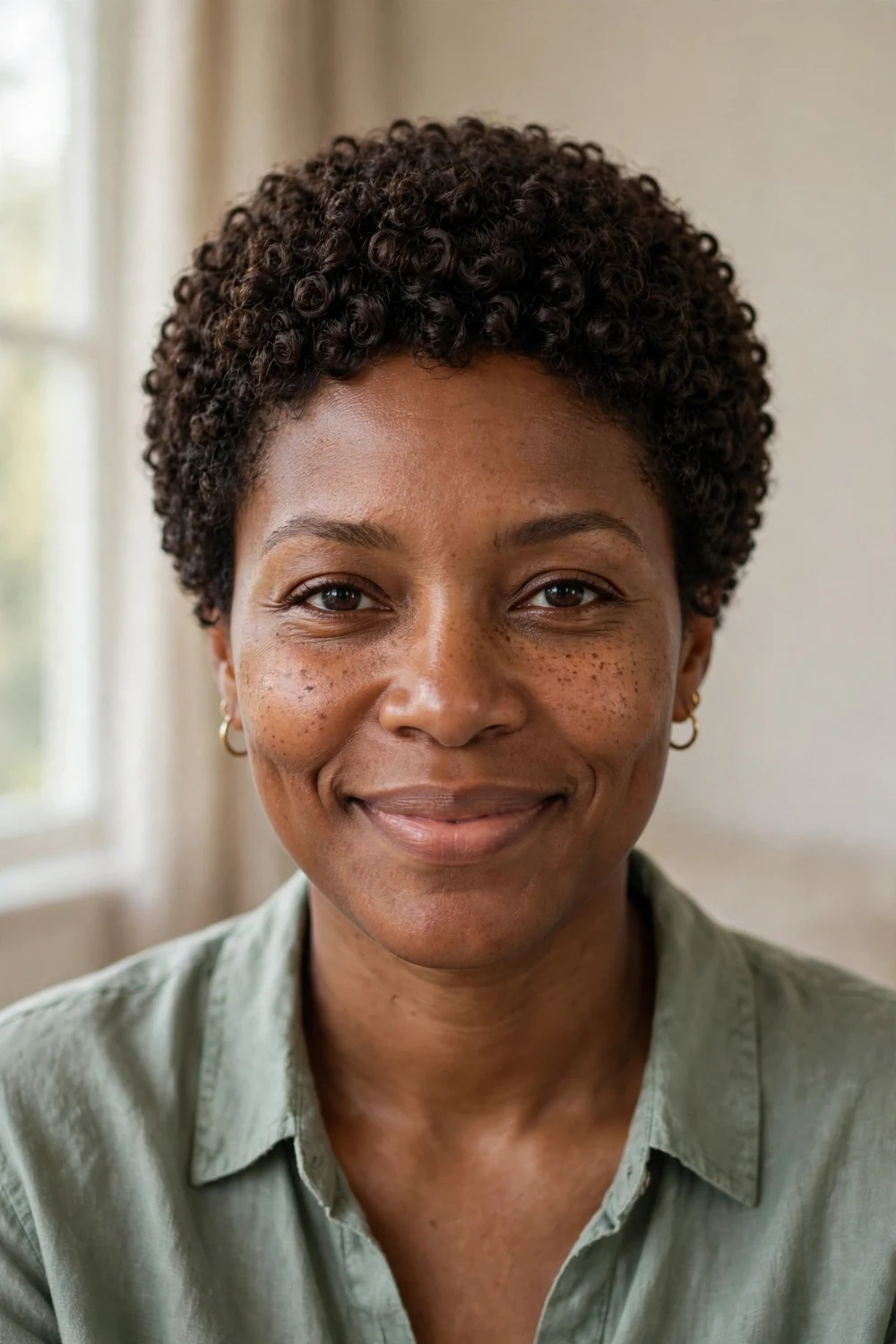 Rounded curly afro pixie with uniform coily length forming a compact silhouette