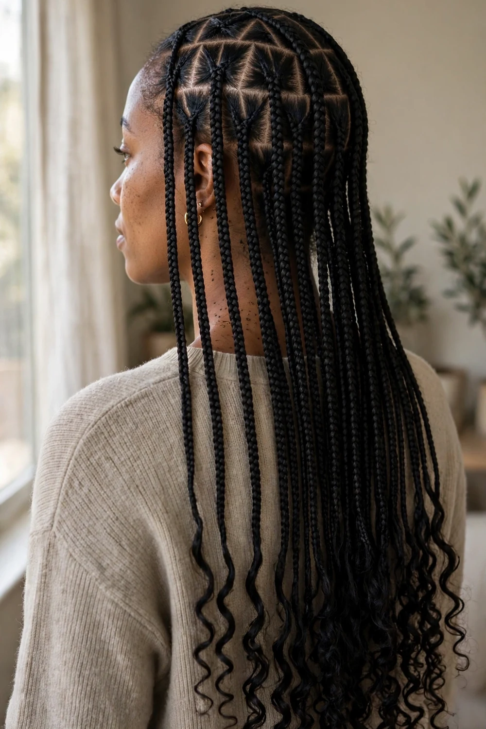 Woman with boho braids showing geometric triangle parting pattern at scalp