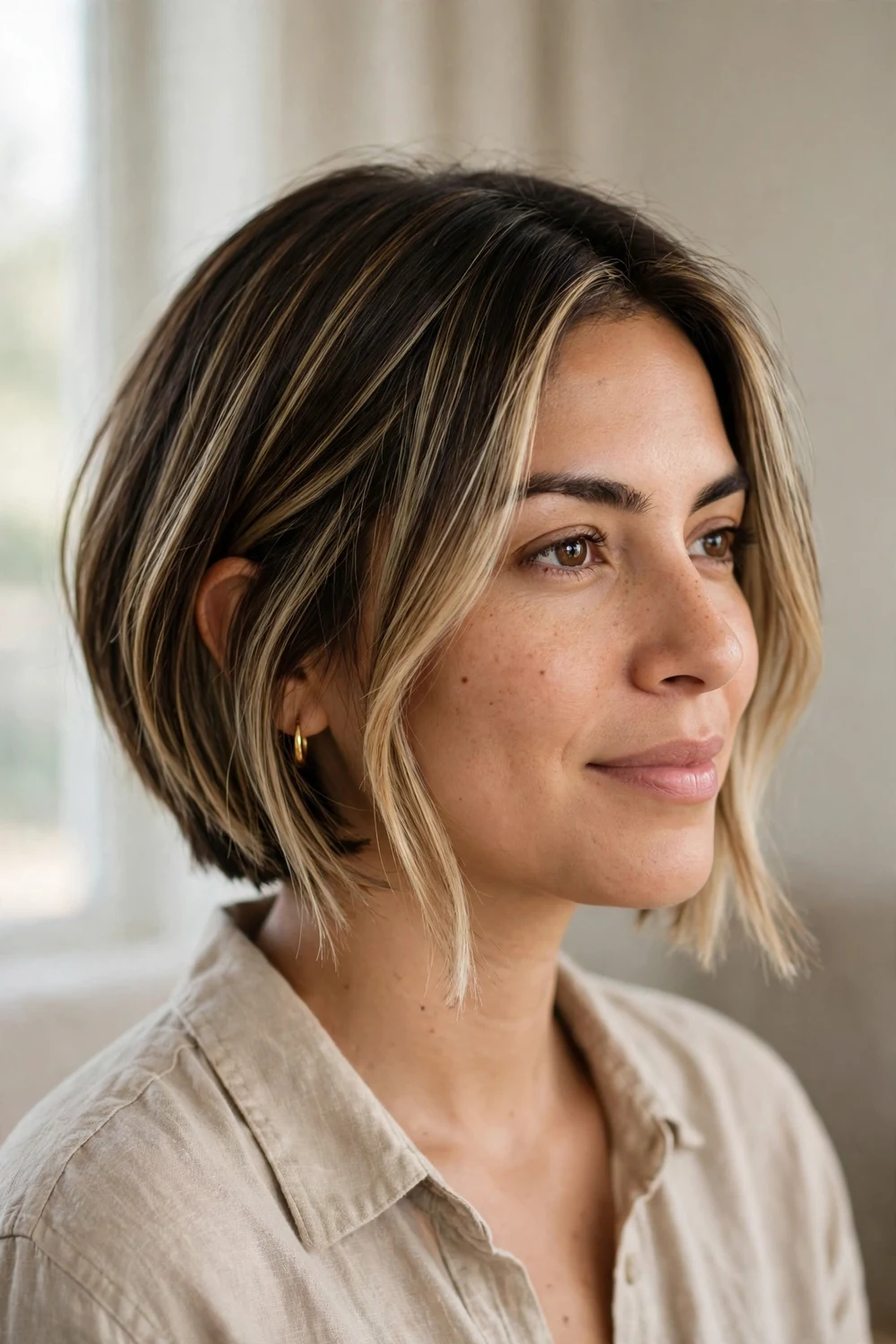 Inverted bob with blonde highlights on a woman with a thin face, brunette hair