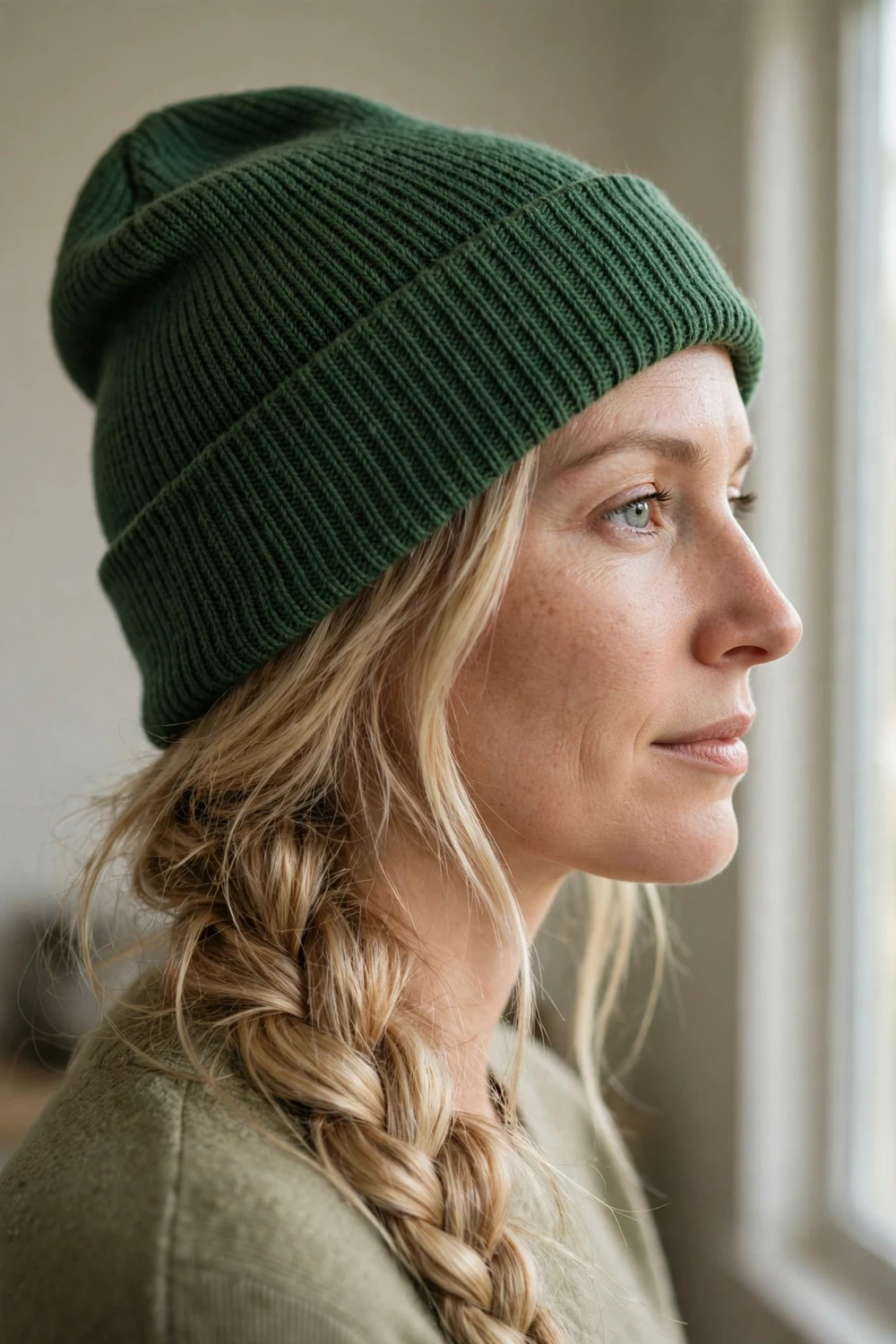 Woman with a loose blonde side braid wearing a forest green knit beanie