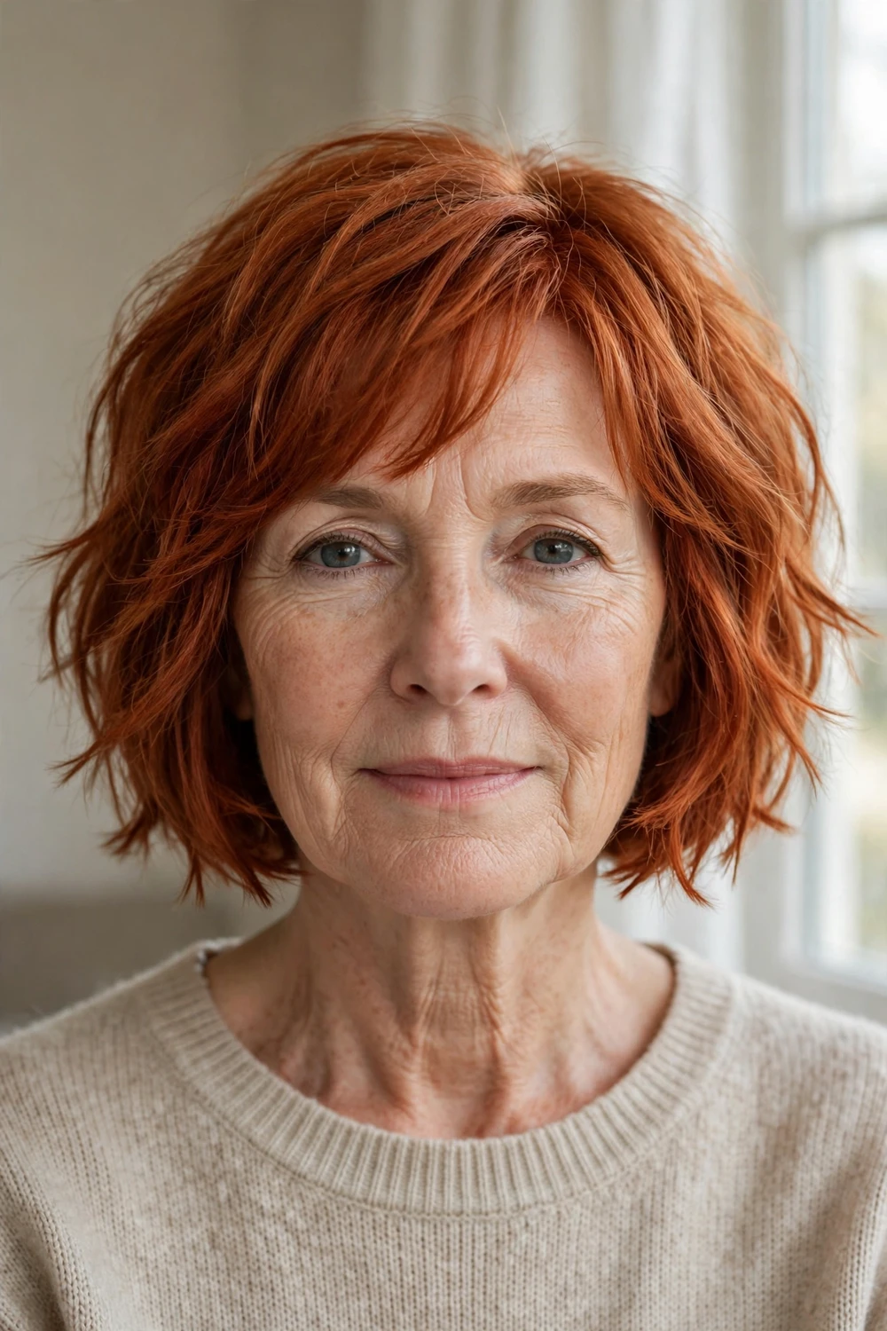 Textured choppy bob on a 57-year-old woman with copper red fine hair