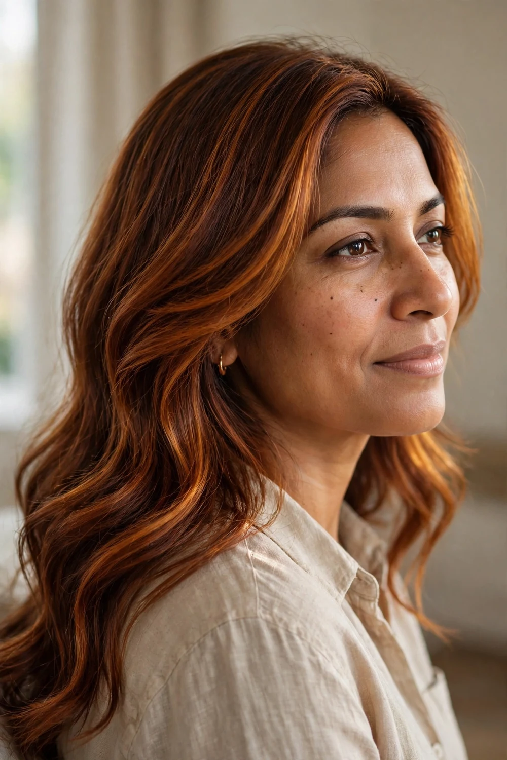 Woman with warm auburn copper hair glowing in natural light