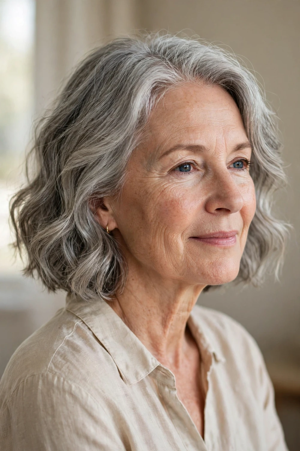 56-year-old woman with grey wavy short bob showing natural texture