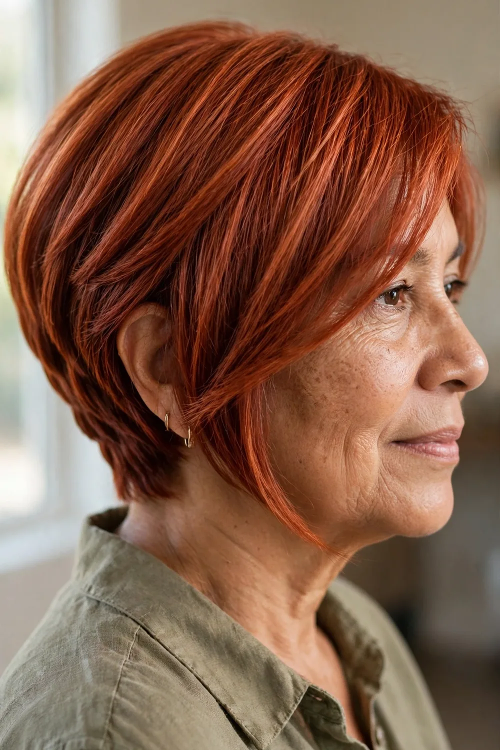 Angled bob with side-swept bangs on a woman over 50