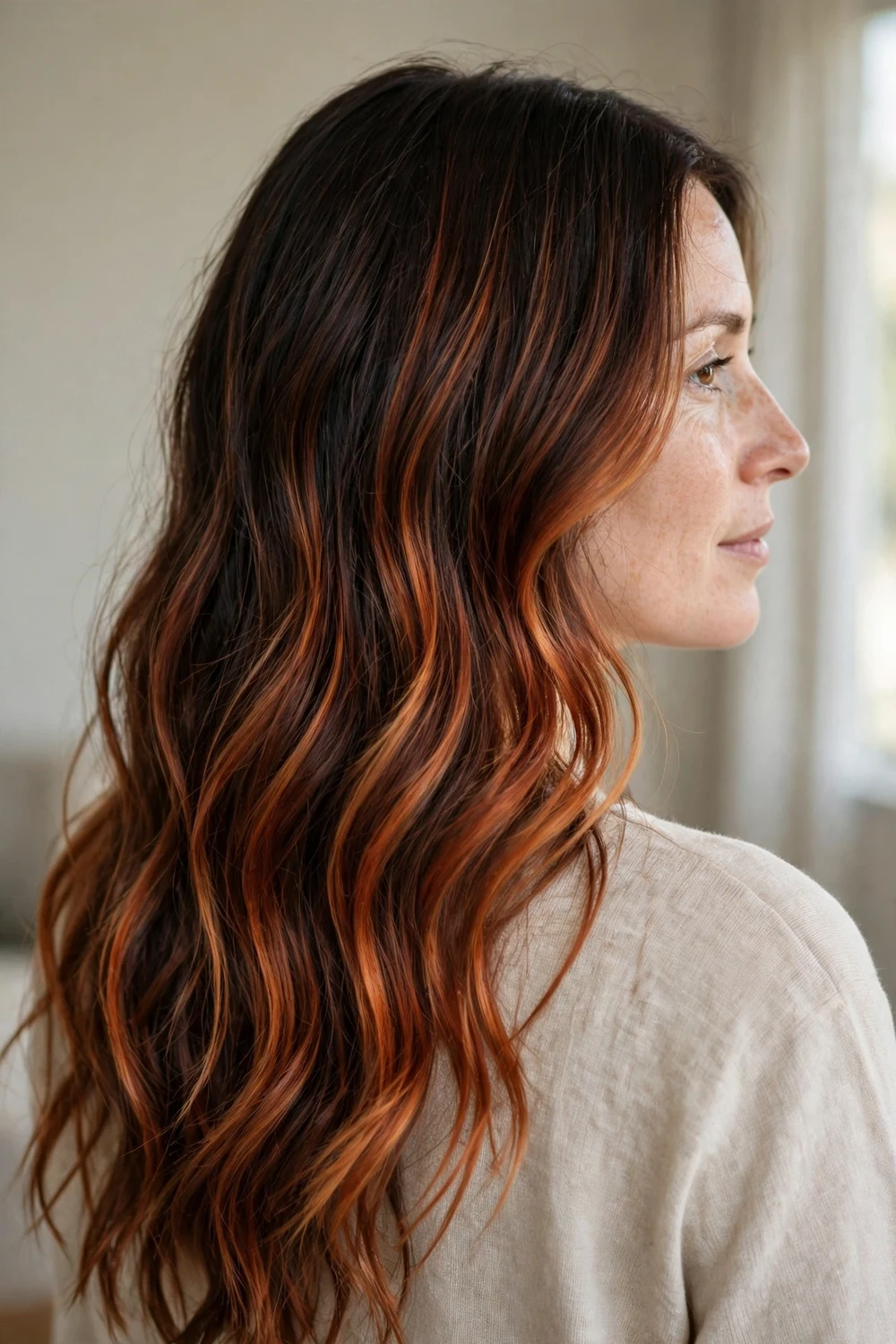 Woman with auburn copper balayage on long dark hair