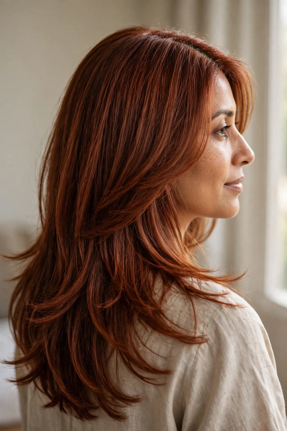 Woman with long auburn hair in soft long layers, center part, back view