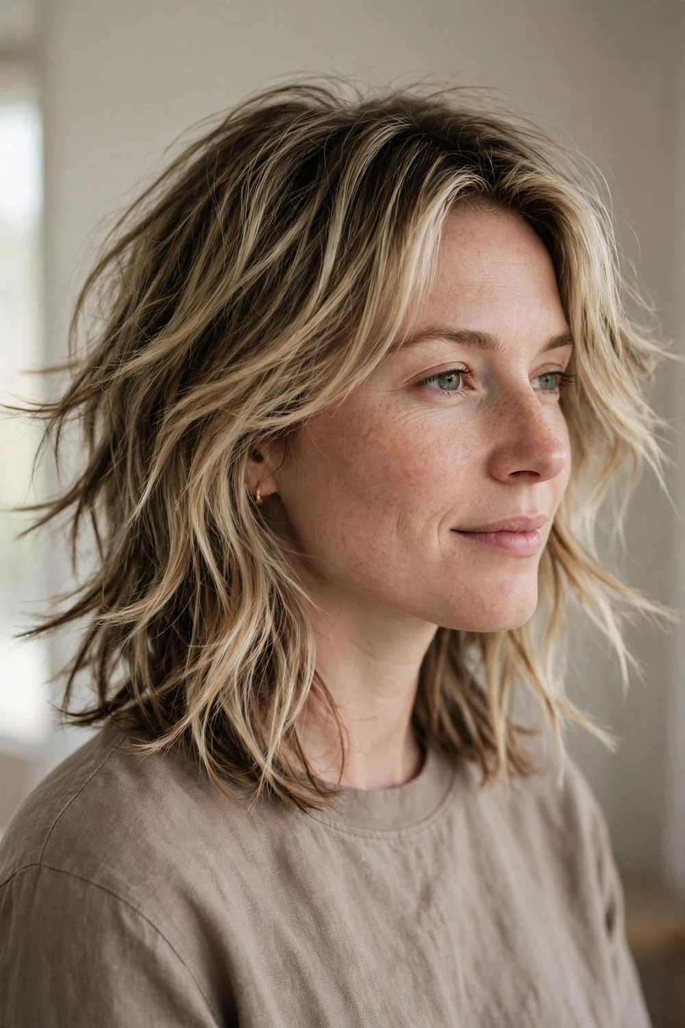 Choppy layered lob with piecey texture on a woman with a narrow face, dark blonde hair