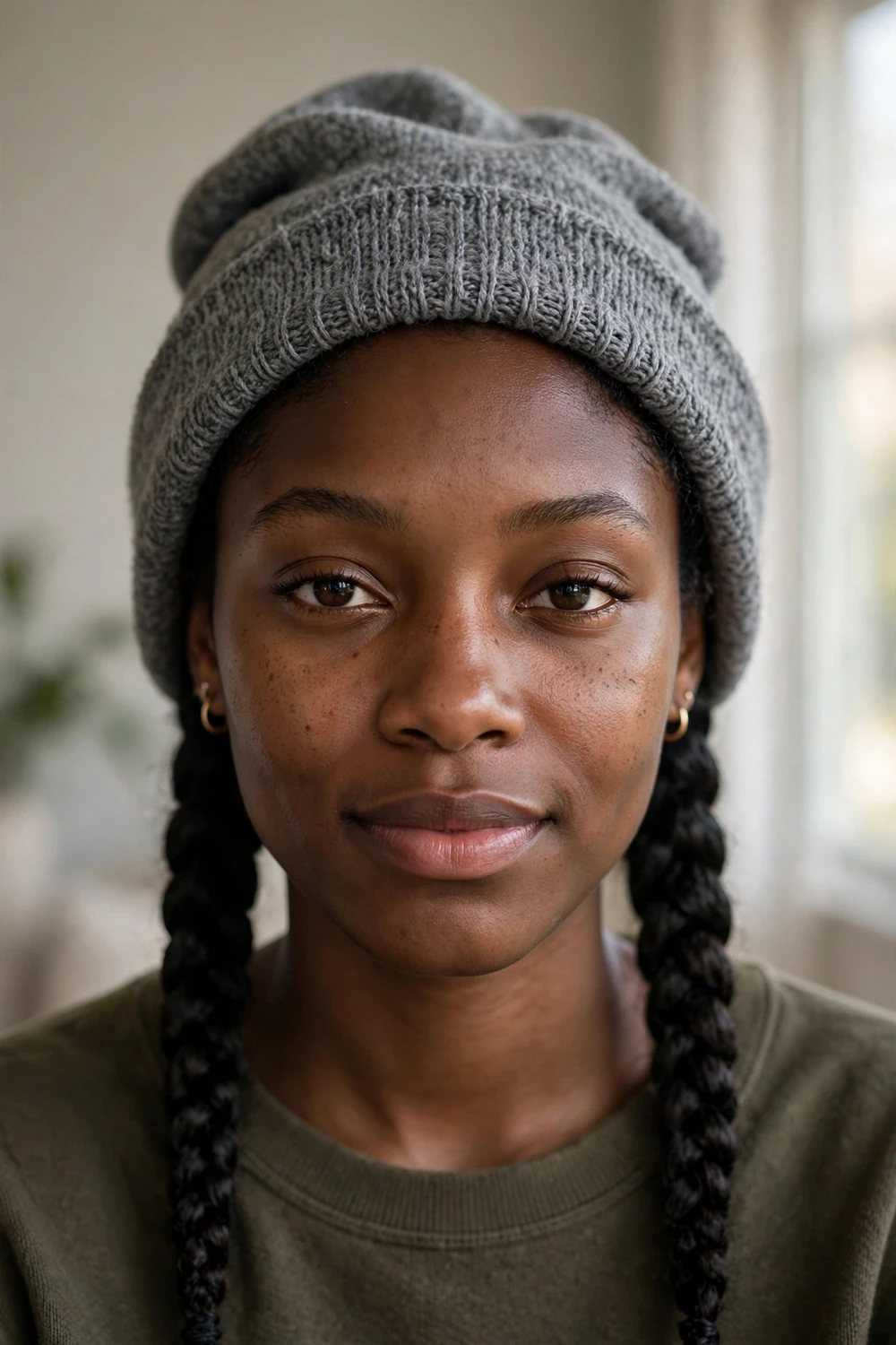 Woman with two neat braids wearing a gray slouchy knit beanie