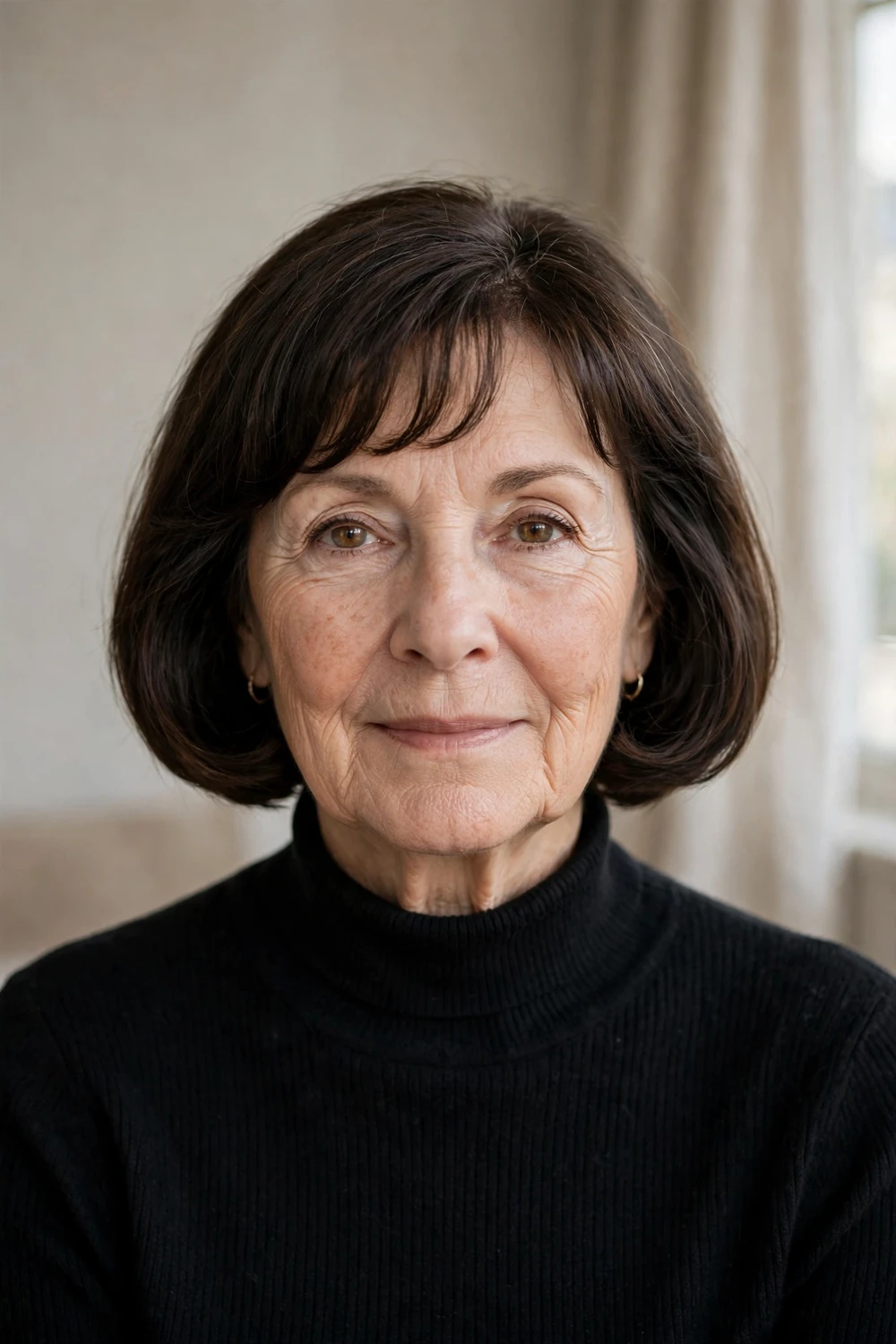 French bob with fringe on a 62-year-old woman with dark brown thin hair