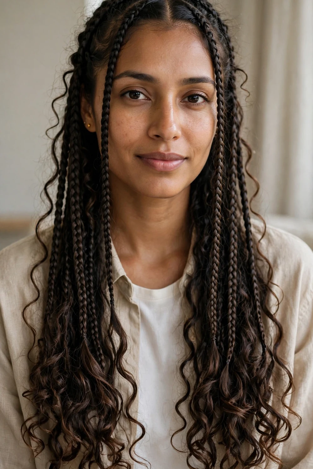 Woman with middle-parted long boho knotless braids flowing down both sides