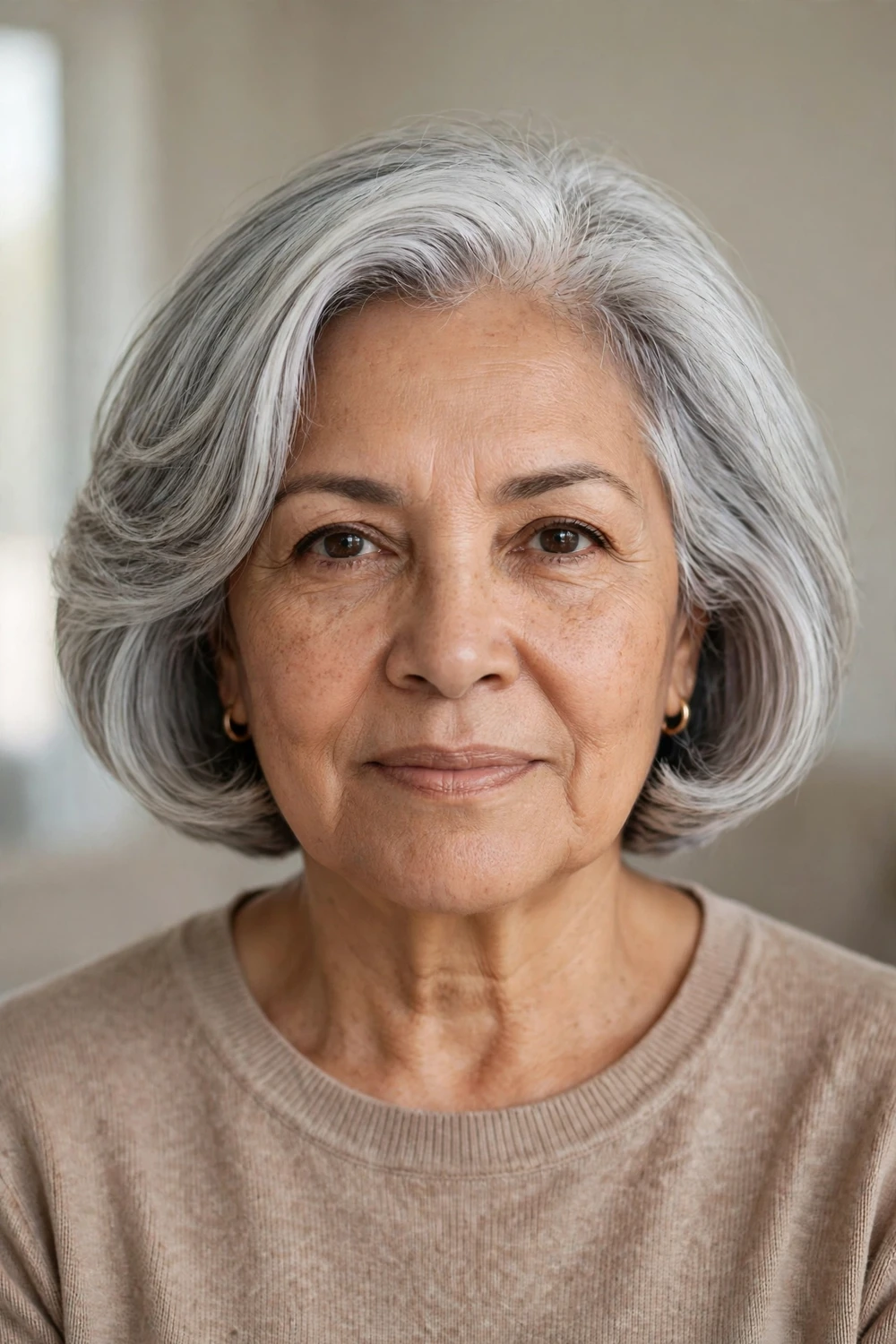 59-year-old Latina woman with silver rounded bob with soft layers