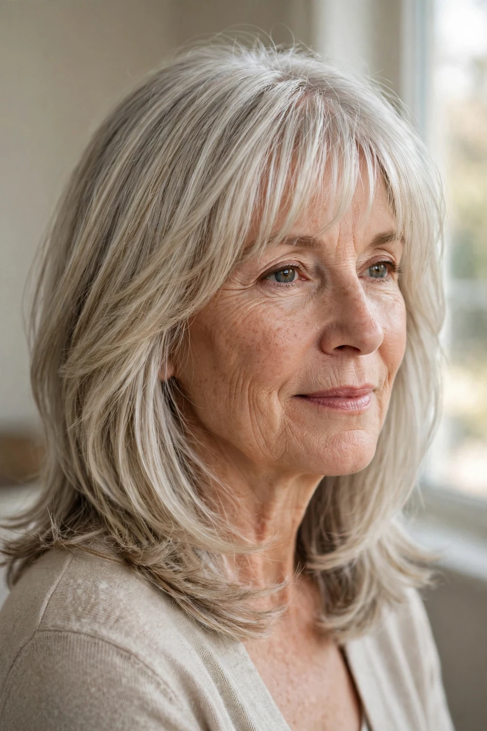 Older woman with silver-blonde shoulder-length layered hair and soft wispy bangs