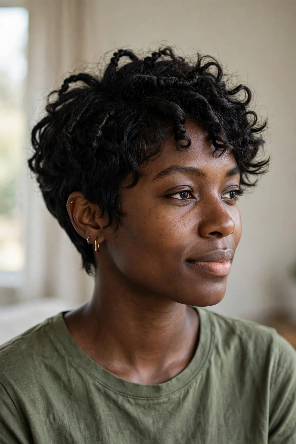 Twist-out curly pixie with stretched defined wavy texture and volume
