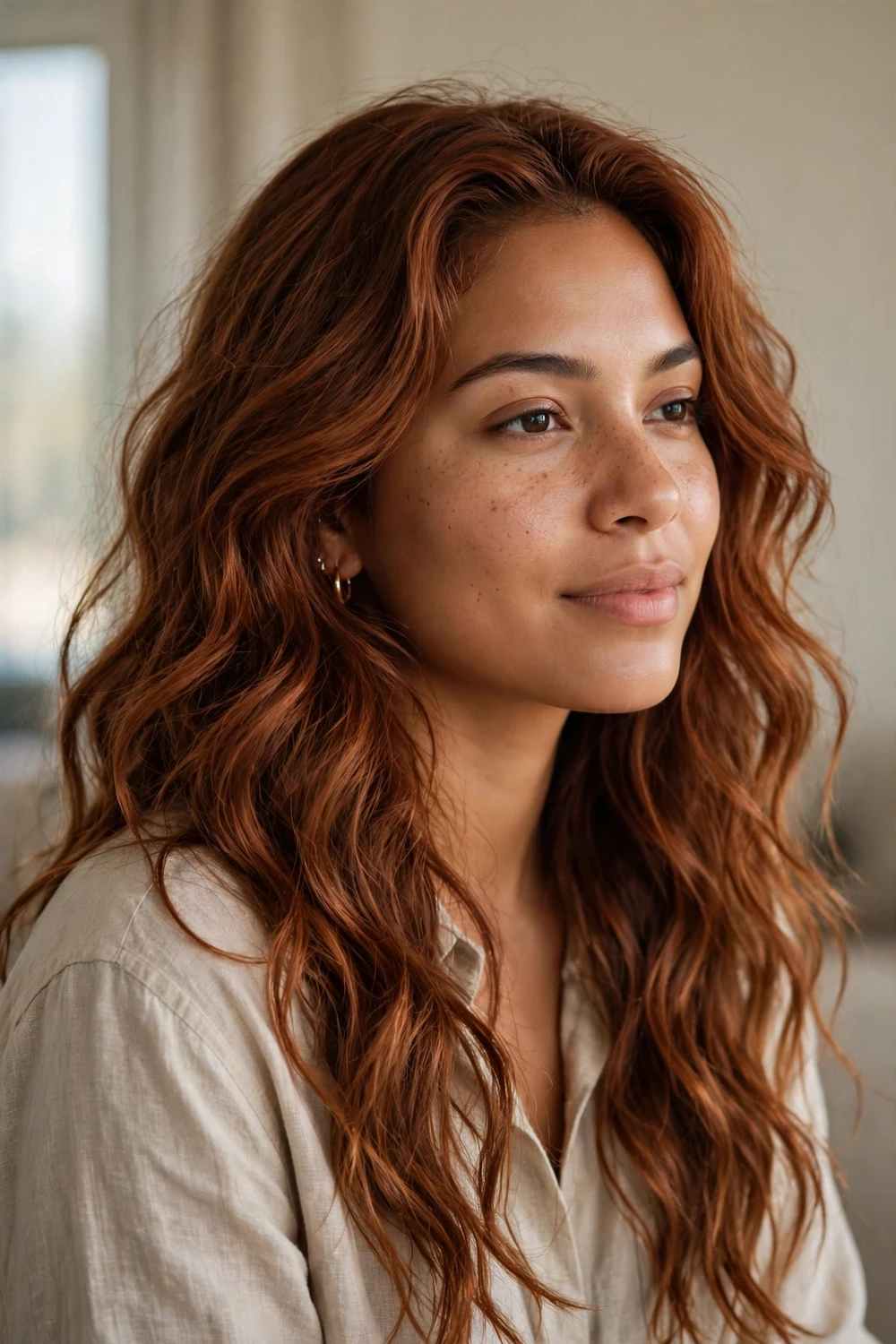 Woman with long auburn hair in loose relaxed beach waves, tousled texture