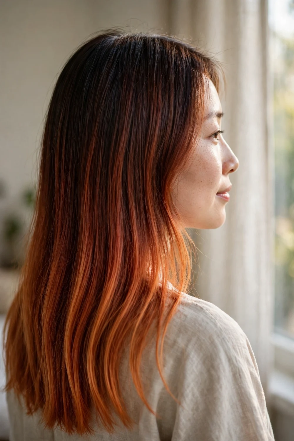 Woman with copper ombre hair, dark roots melting to bright copper ends