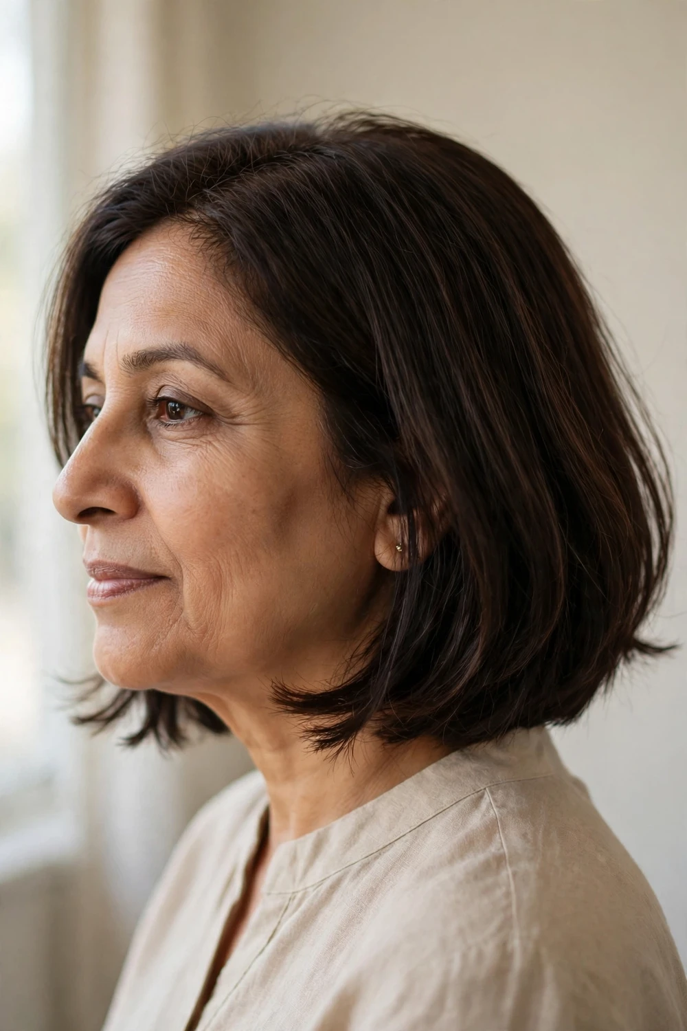53-year-old South Asian woman with dark brown bob with feathered ends