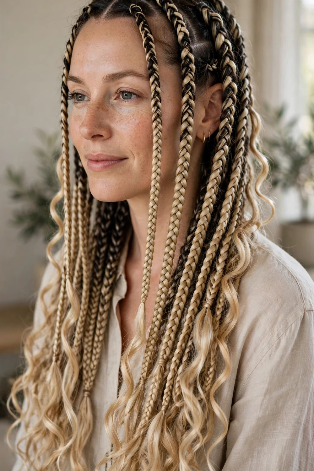Woman with dark-rooted boho braids blending into blonde lengths