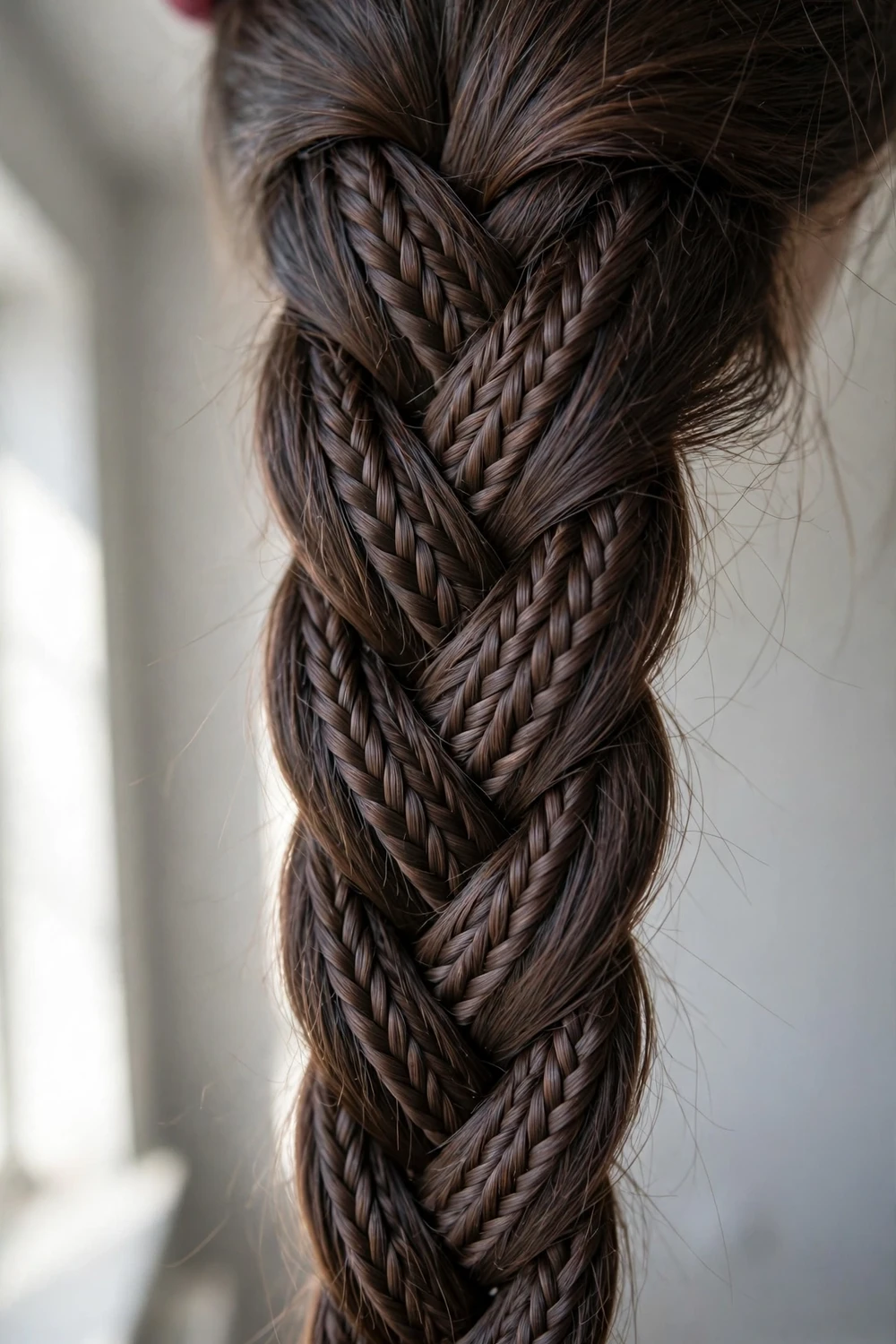 Close-up of a long dark brown fishtail braid with a clear herringbone weave pattern
