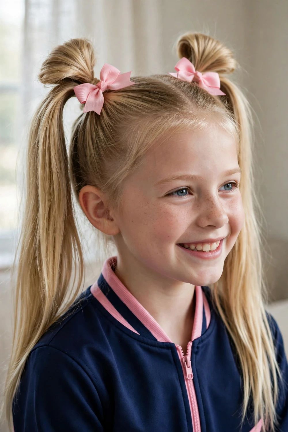 Young girl with high pigtails tied with pink bows