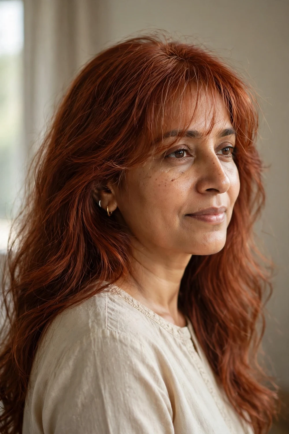 Woman with thick reddish-brown long hair and a light airy eye-grazing wispy fringe