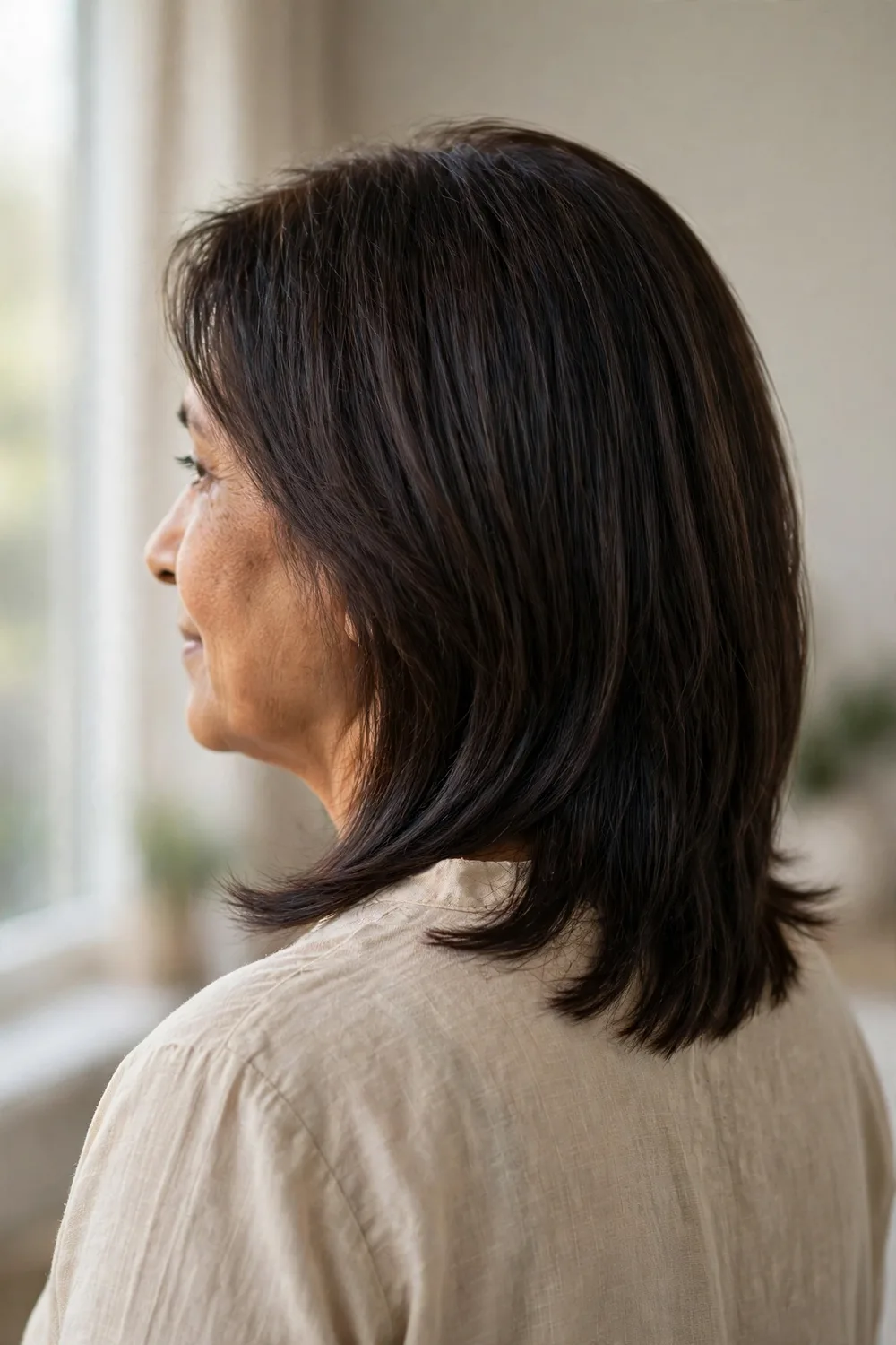 Long angled lob grazing the collarbone on a woman over 50