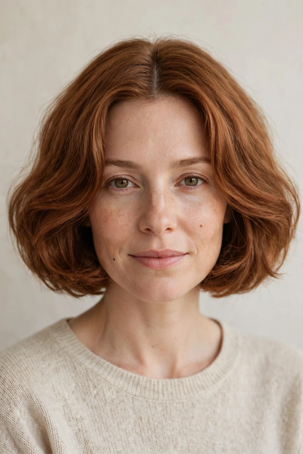 Middle-part cloud bob with symmetric airy volume on copper brown hair