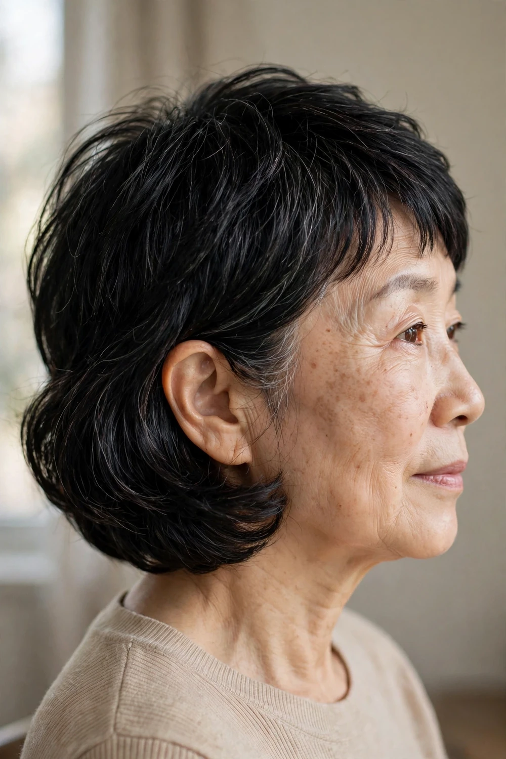 Pixie bob hybrid on a 60-year-old woman with black fine hair
