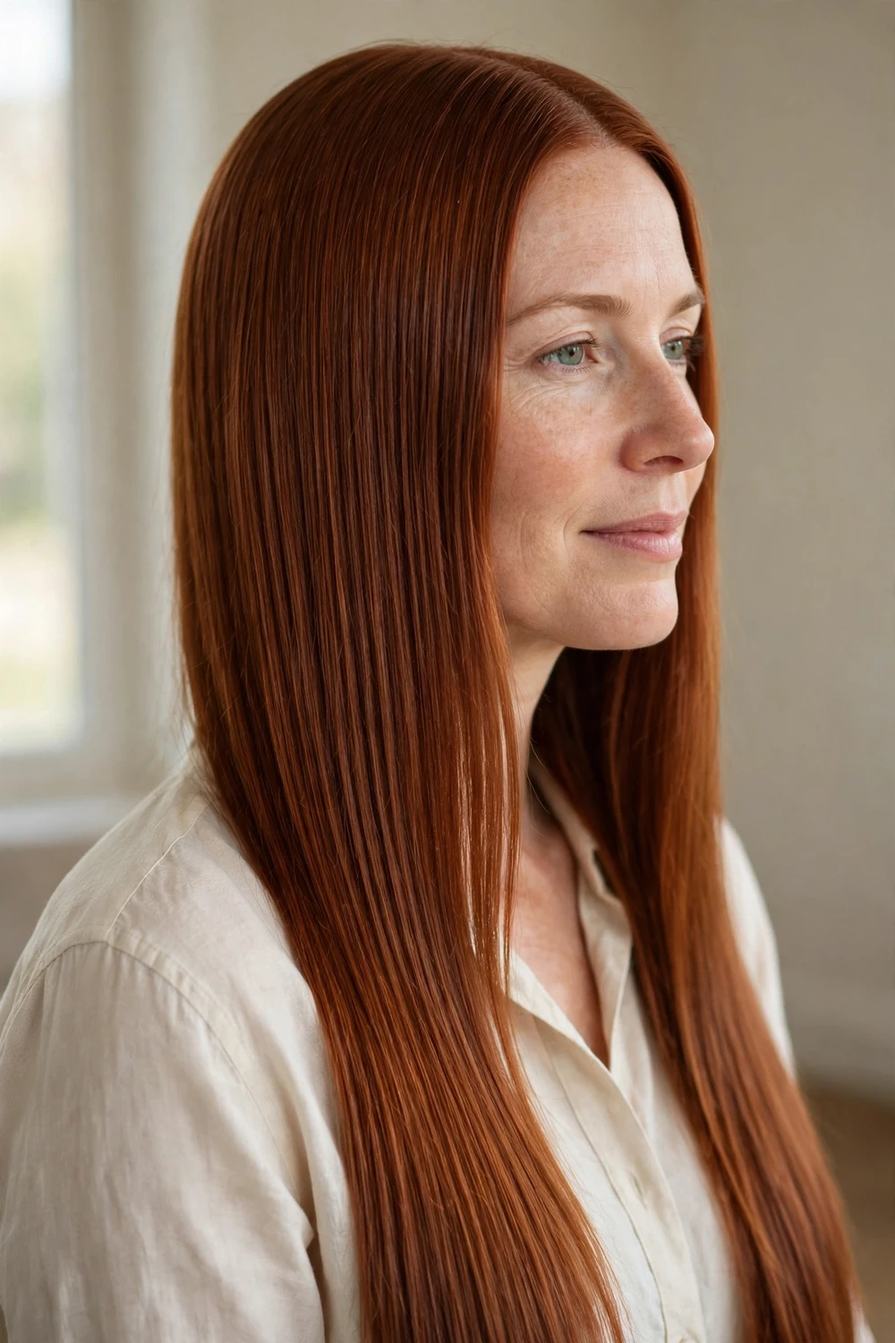 Woman with very long pin-straight glossy auburn hair, middle part