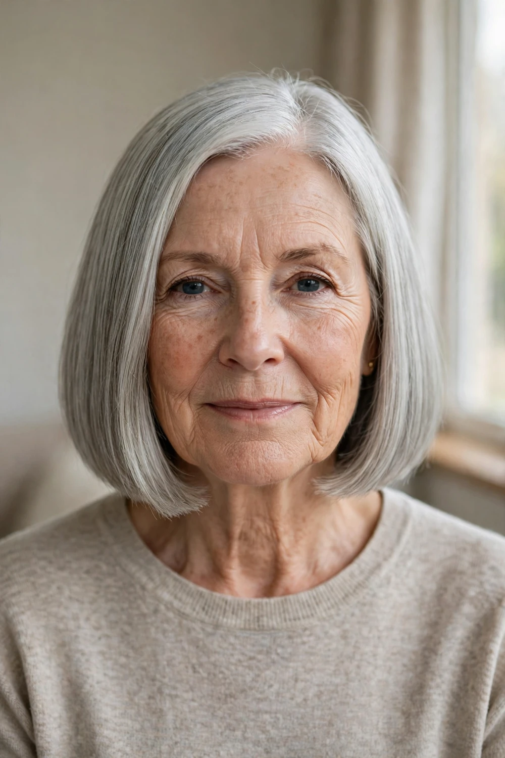 Blunt bob with even ends on a 65-year-old woman with silver thin hair