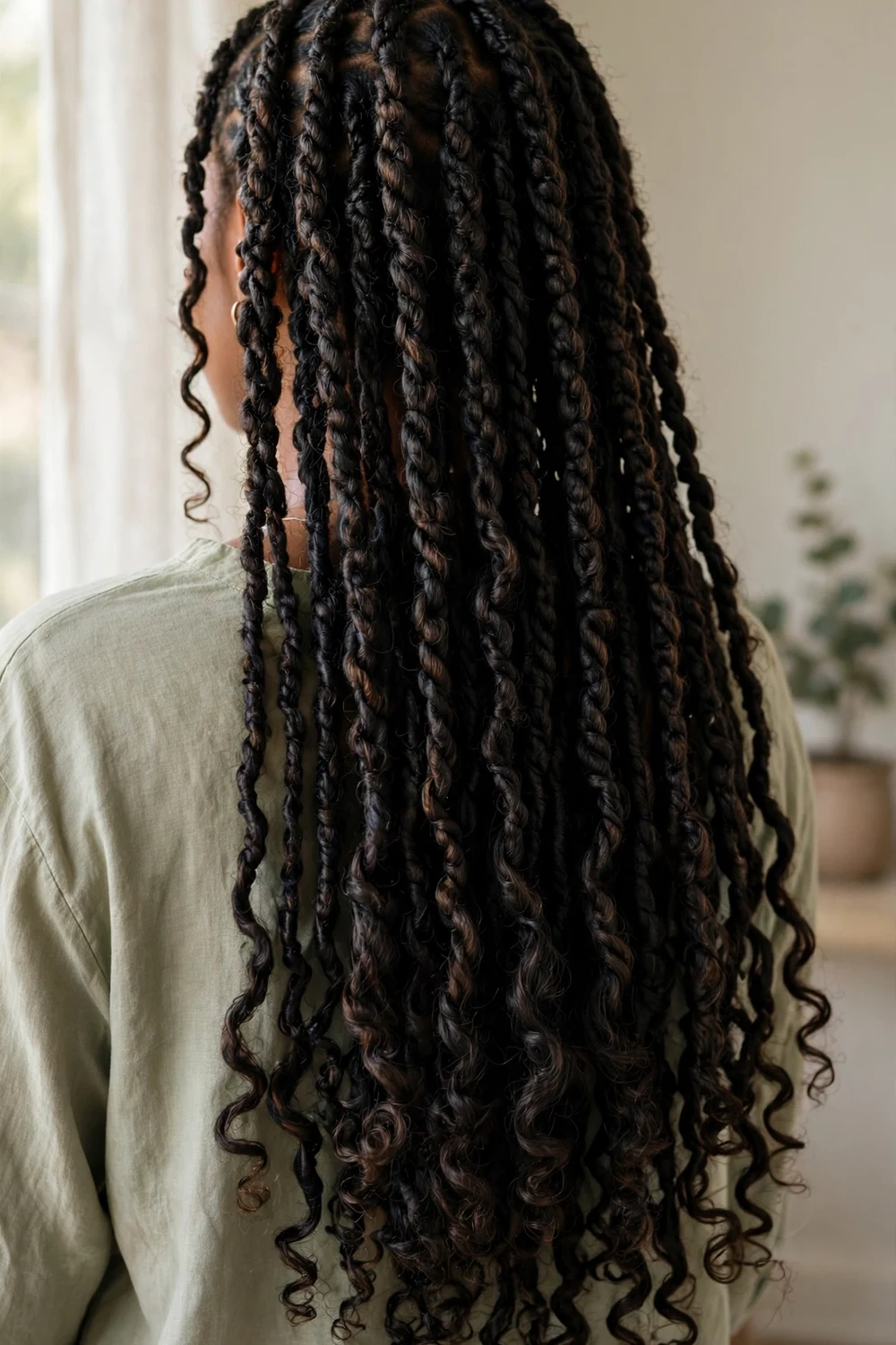 Woman with long soft two-strand boho passion twists with curly ends