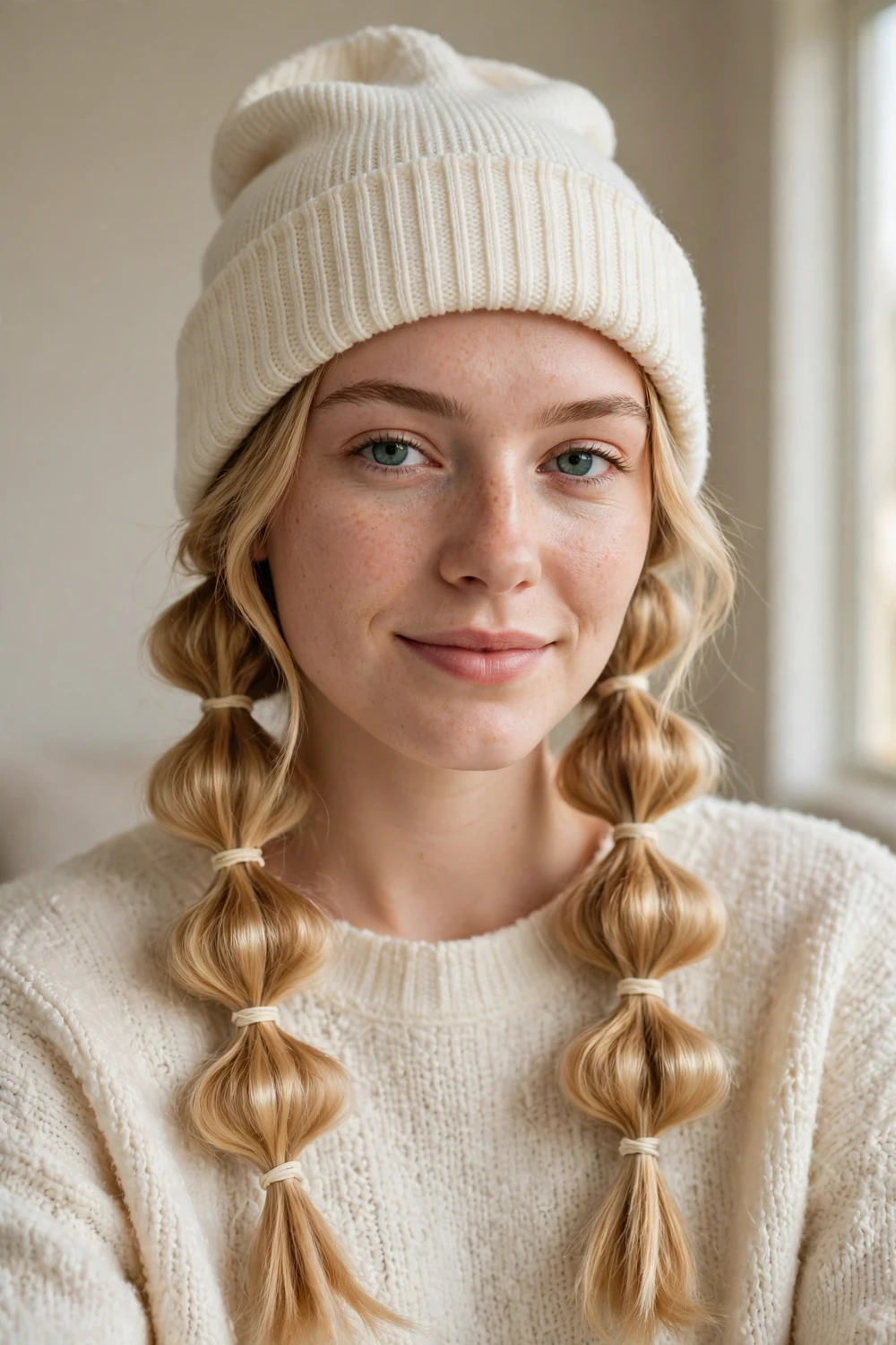 Woman with honey blonde bubble braids wearing a cream slouchy knit beanie