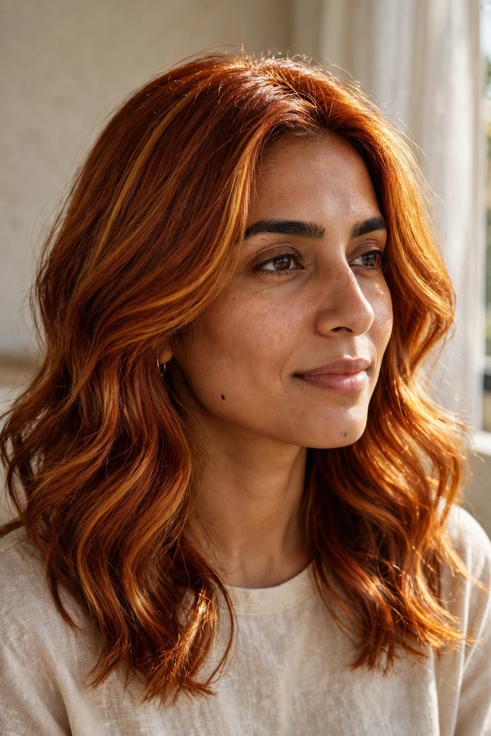 Woman with golden auburn copper hair in sunlight