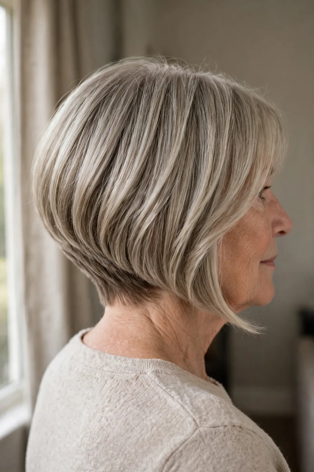 Graduated angled bob with tapered nape on a woman over 50