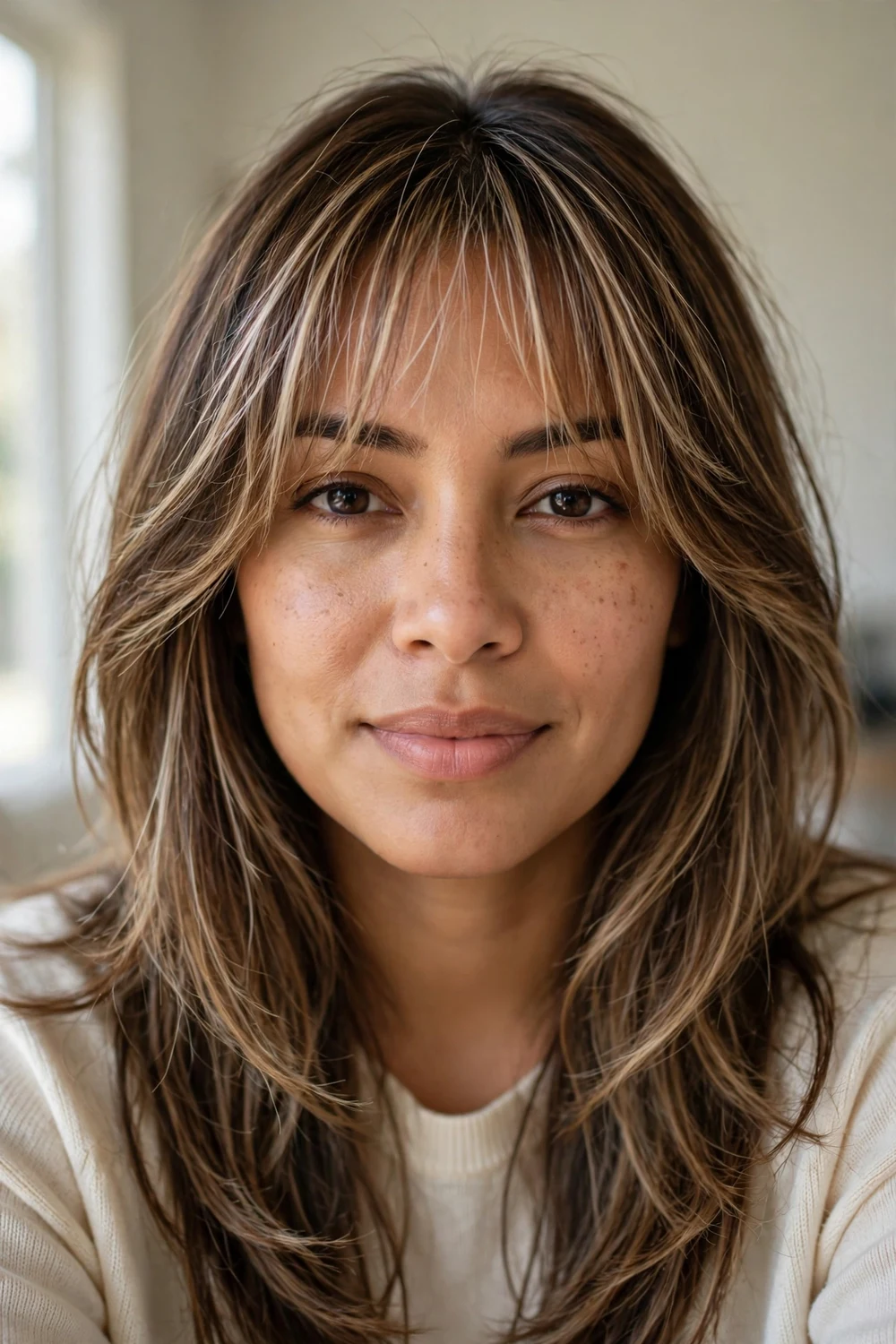 Woman with medium brown layered hair with subtle blonde highlights and an airy see-through wispy fringe