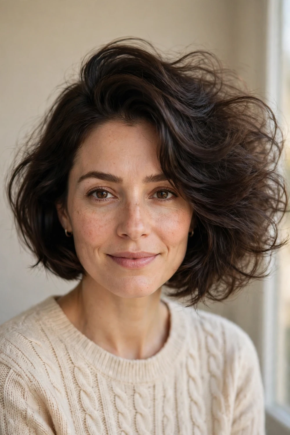 Side-part cloud haircut with deep part sweeping volume across the crown