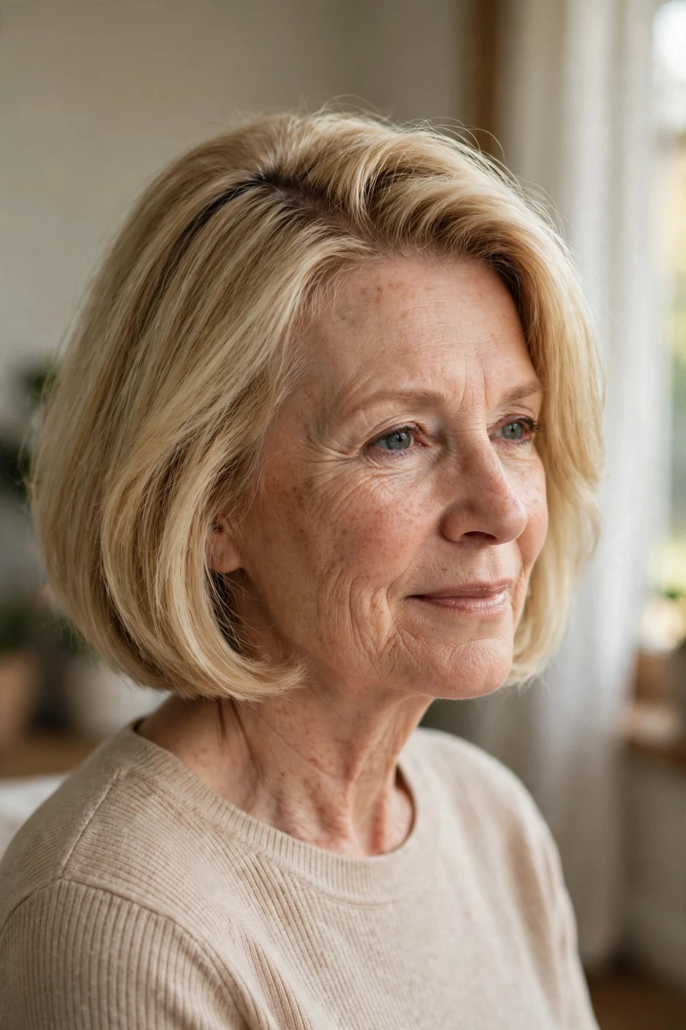 57-year-old woman with blonde side-parted bob with volume at the roots