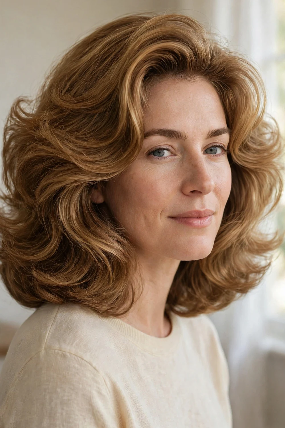 Voluminous long bob with big side volume on a woman with a slim face, golden brown hair