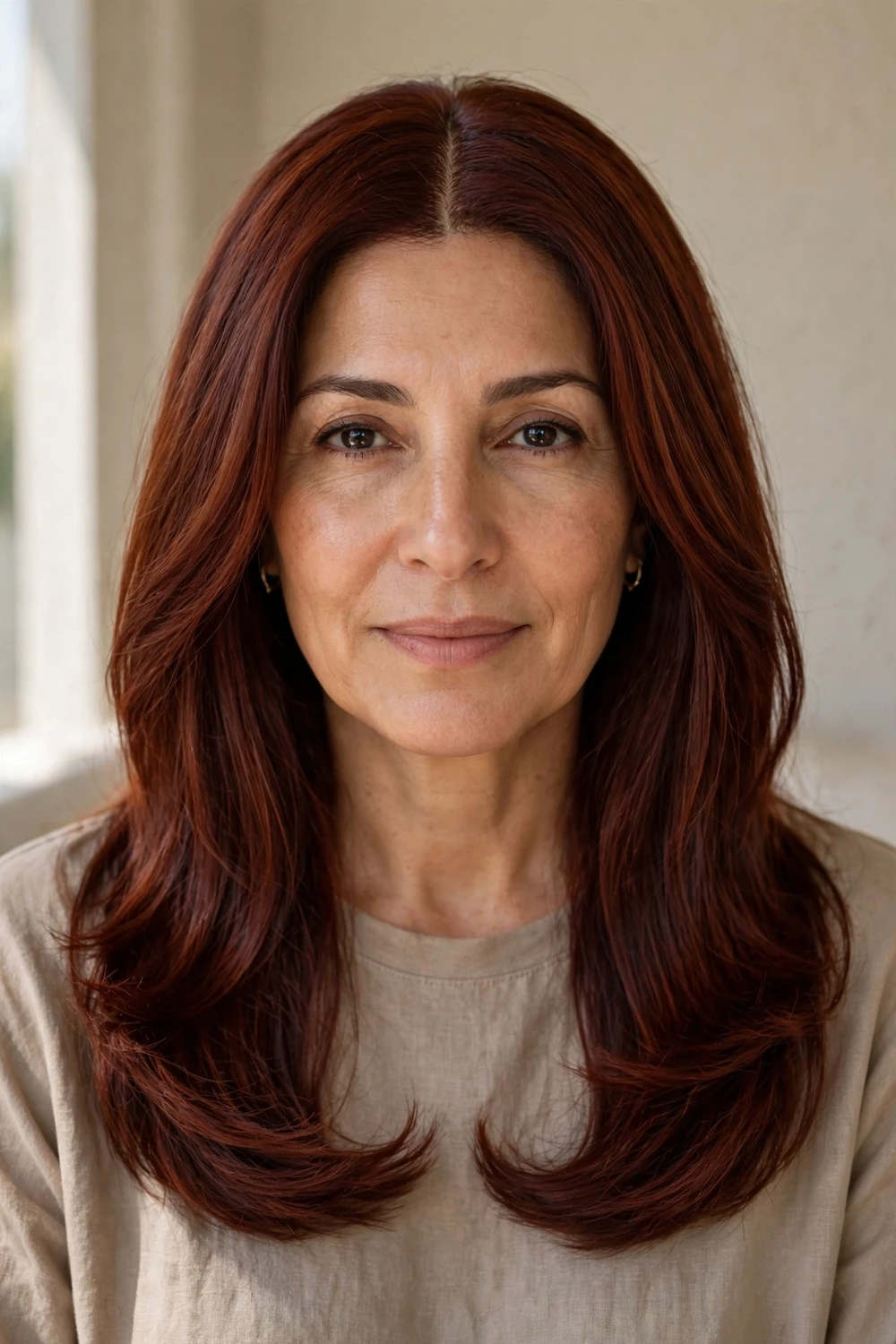Woman with long deep-auburn hair in a clean center part, soft blowout