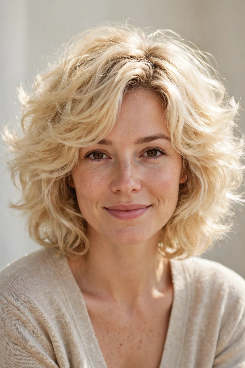 Blonde cloud haircut with dimensional lightness and fluffy texture