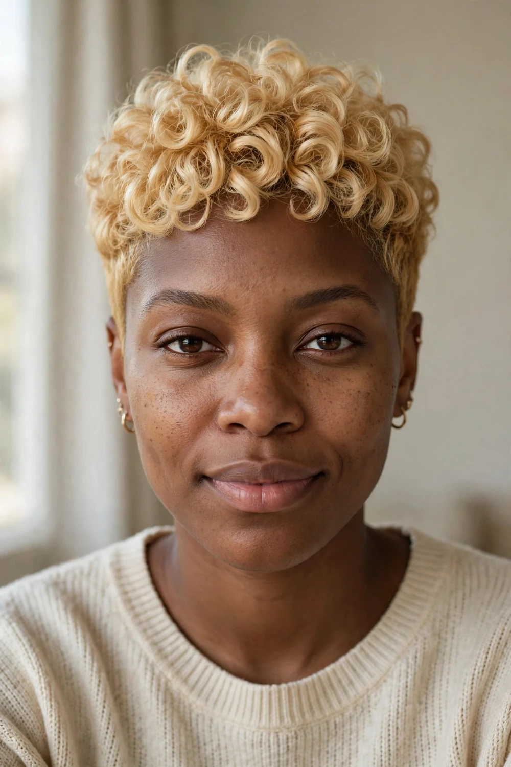 Blonde curly pixie with defined golden curls and tapered sides