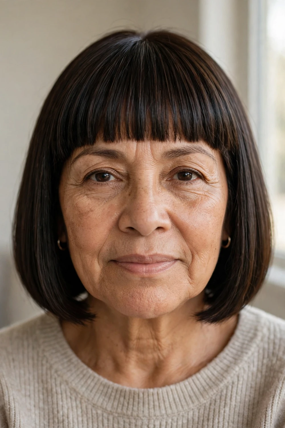 Blunt bob with straight bangs on a 58-year-old woman with dark brown fine hair