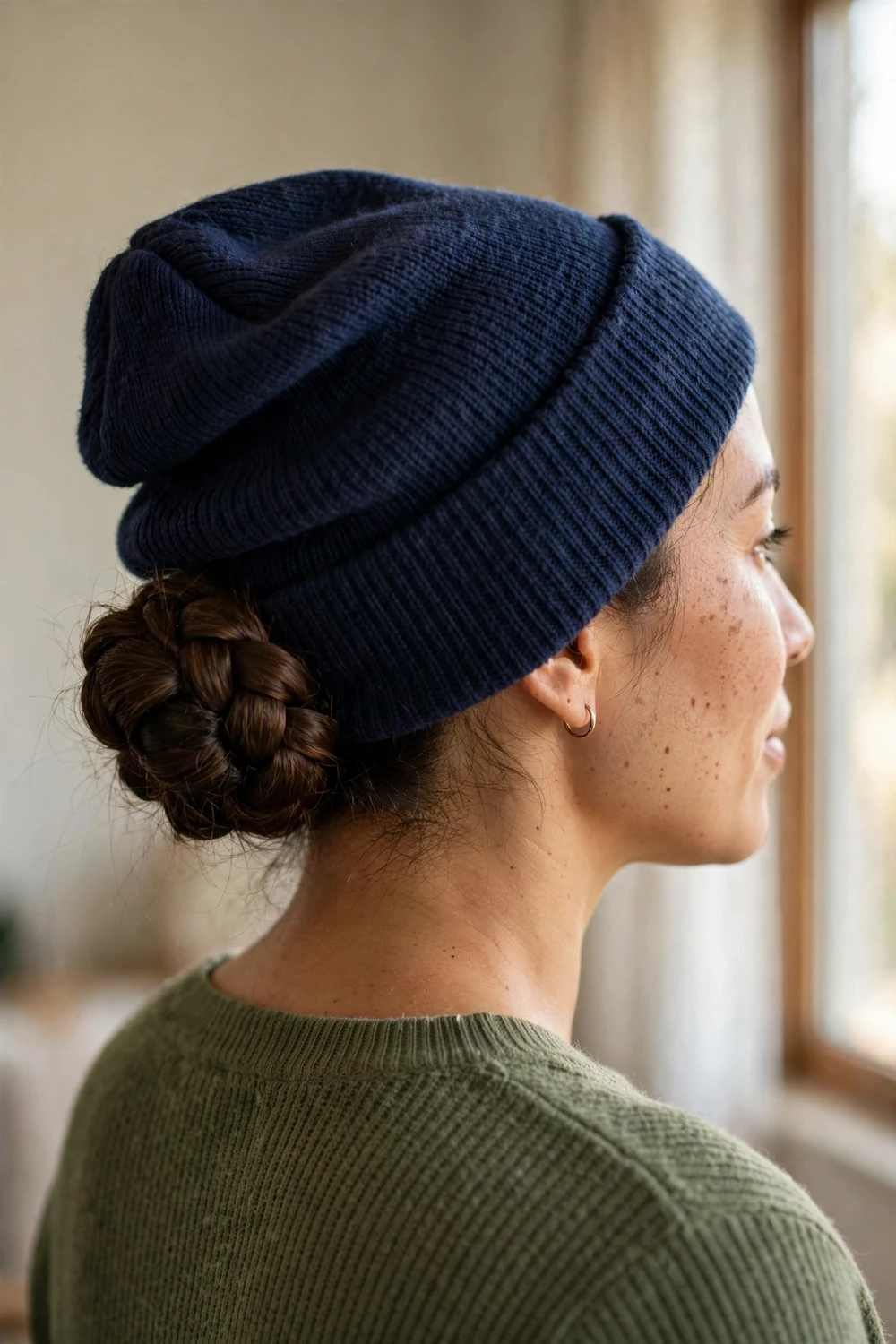 Woman with a low Dutch braid bun wearing a navy knit beanie