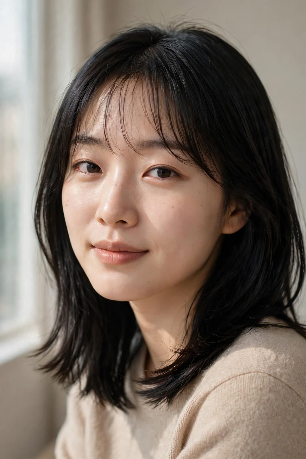 Woman with sleek black medium-length hair and a delicate Korean-style wispy airy fringe