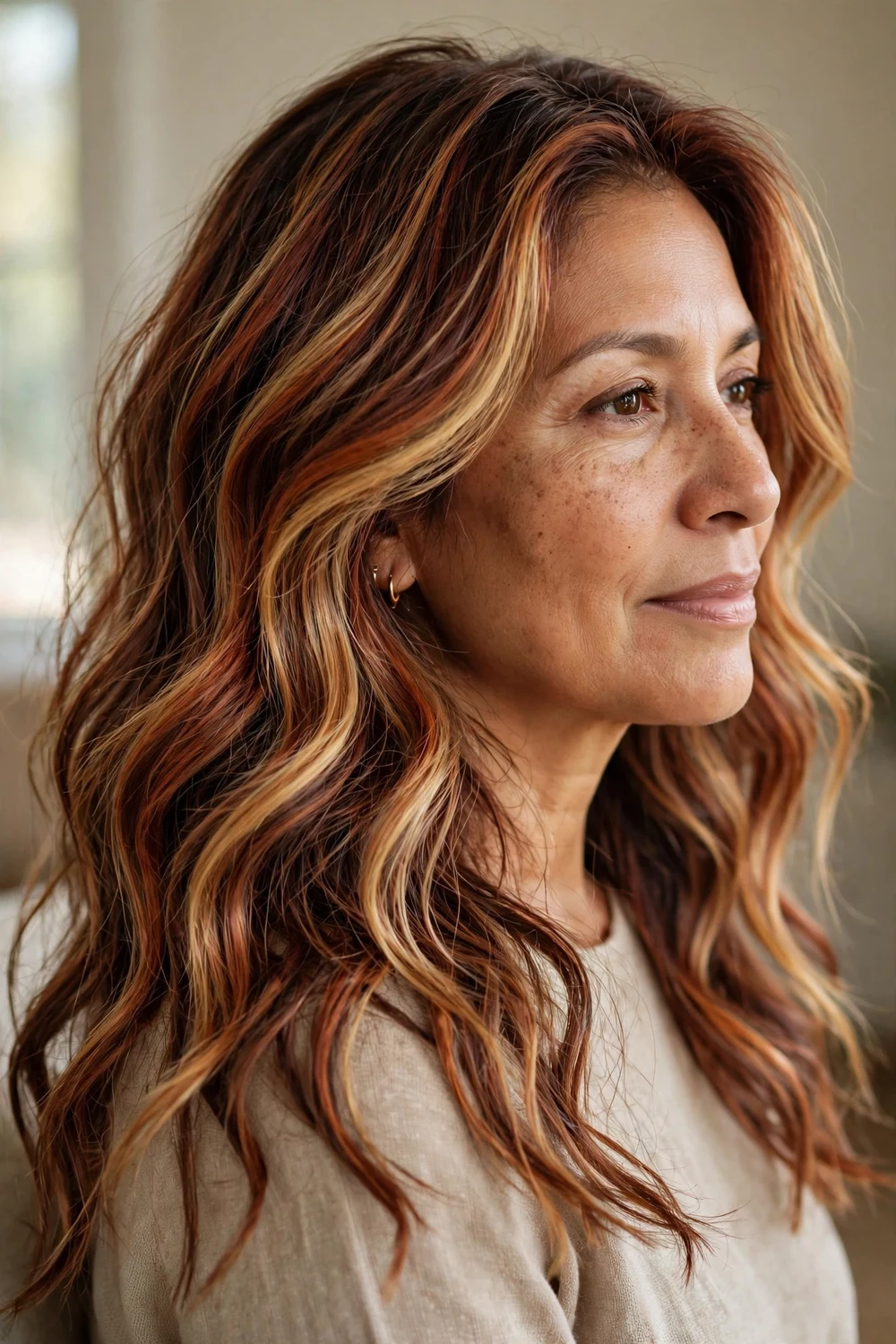 Woman with multi-tonal lived-in auburn copper hair with dimension
