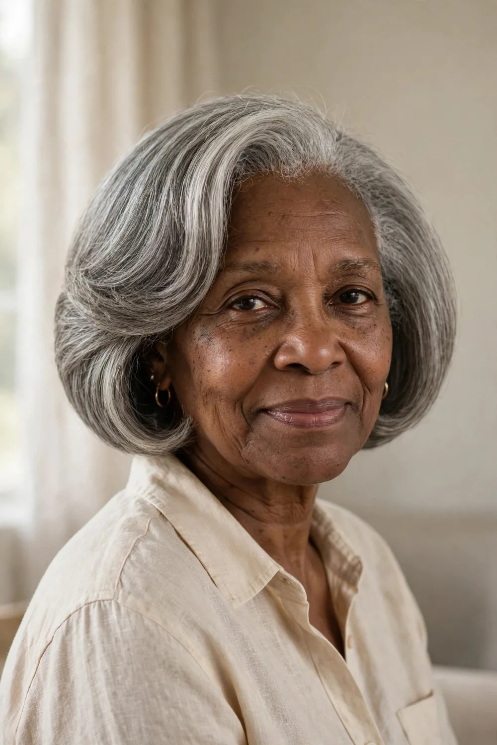 Rounded angled bob with curved silhouette on a woman over 50