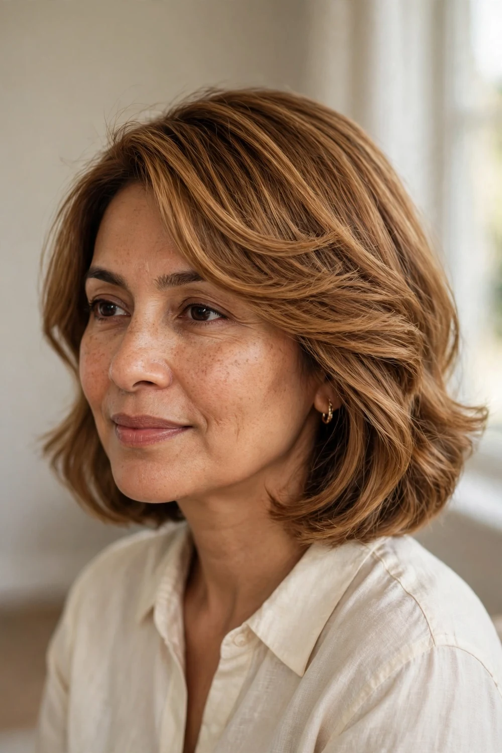 Side-swept shoulder-length bob with soft waves on a woman with a thin face, caramel hair