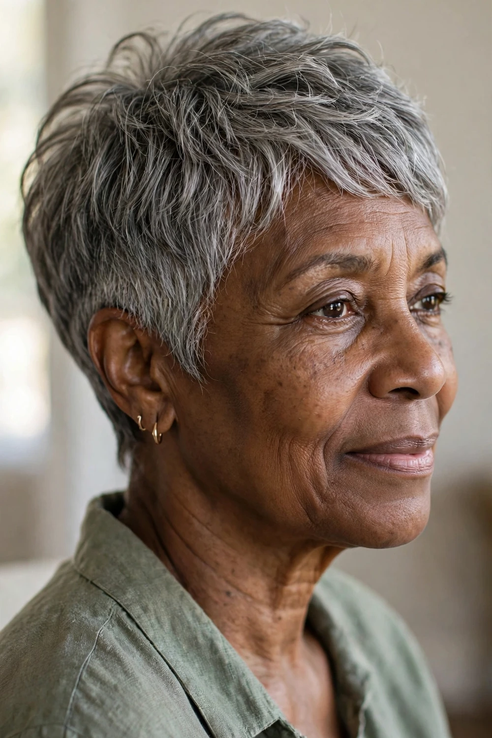 60-year-old Black woman with short grey textured pixie bob with longer top