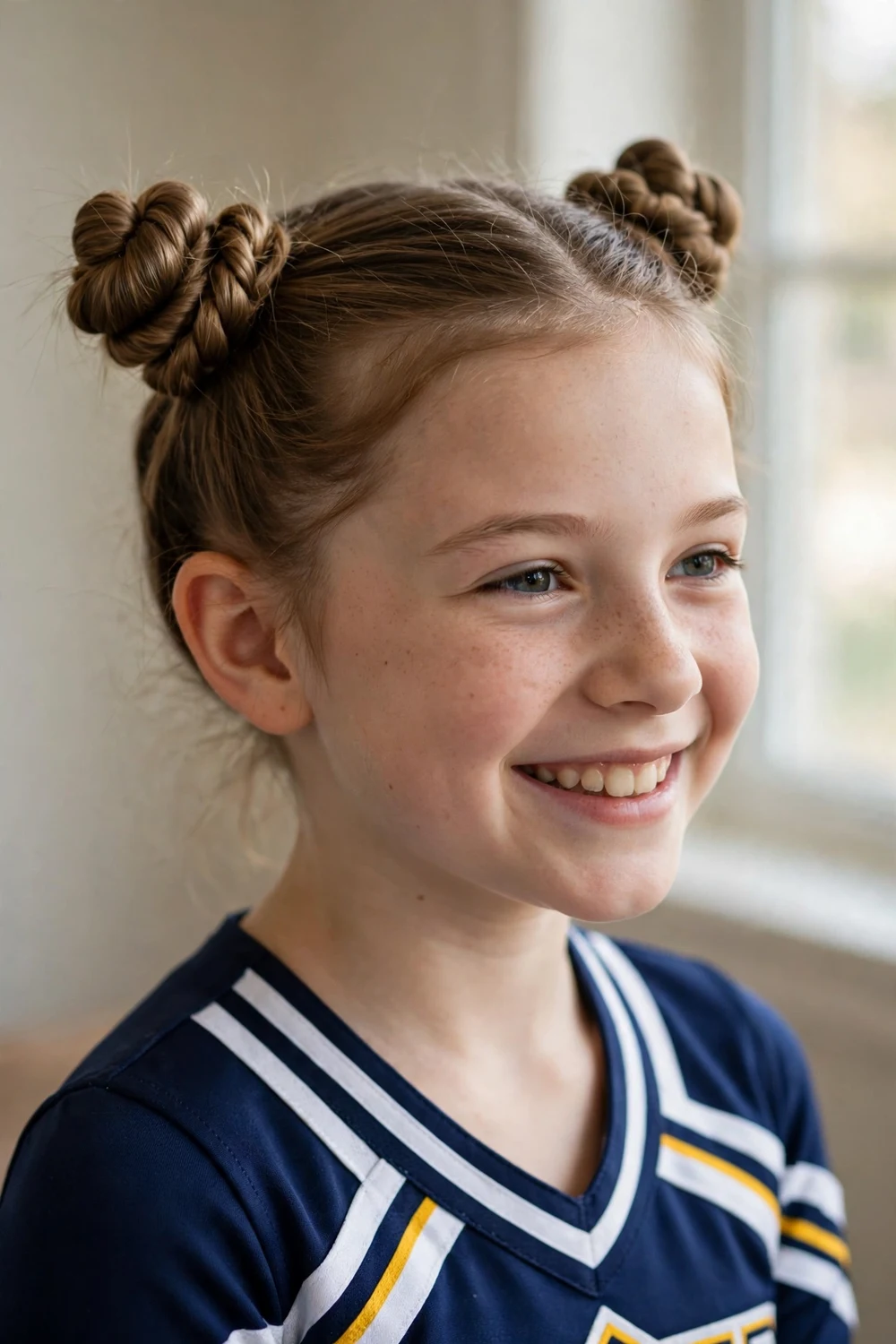 Girl with twisted pigtail mini buns