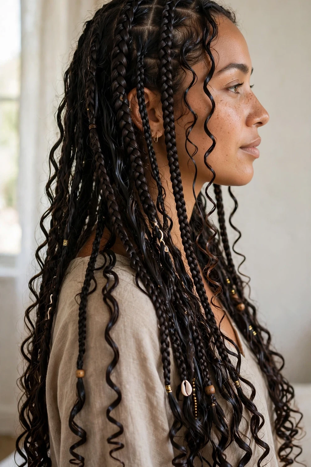 Woman with glossy defined wet-look curly boho braids