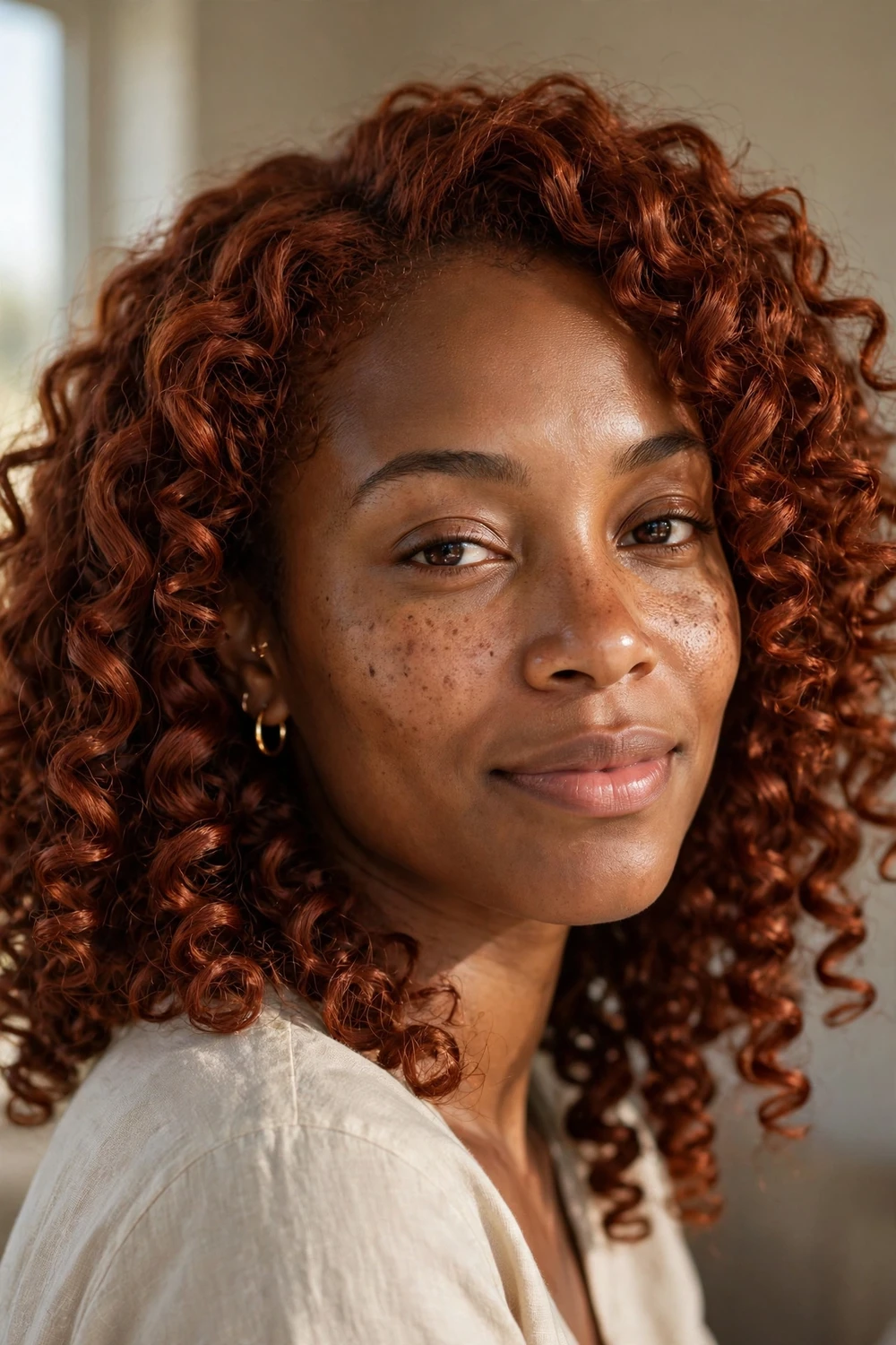 Woman with medium-length auburn hair in defined bouncy ringlets
